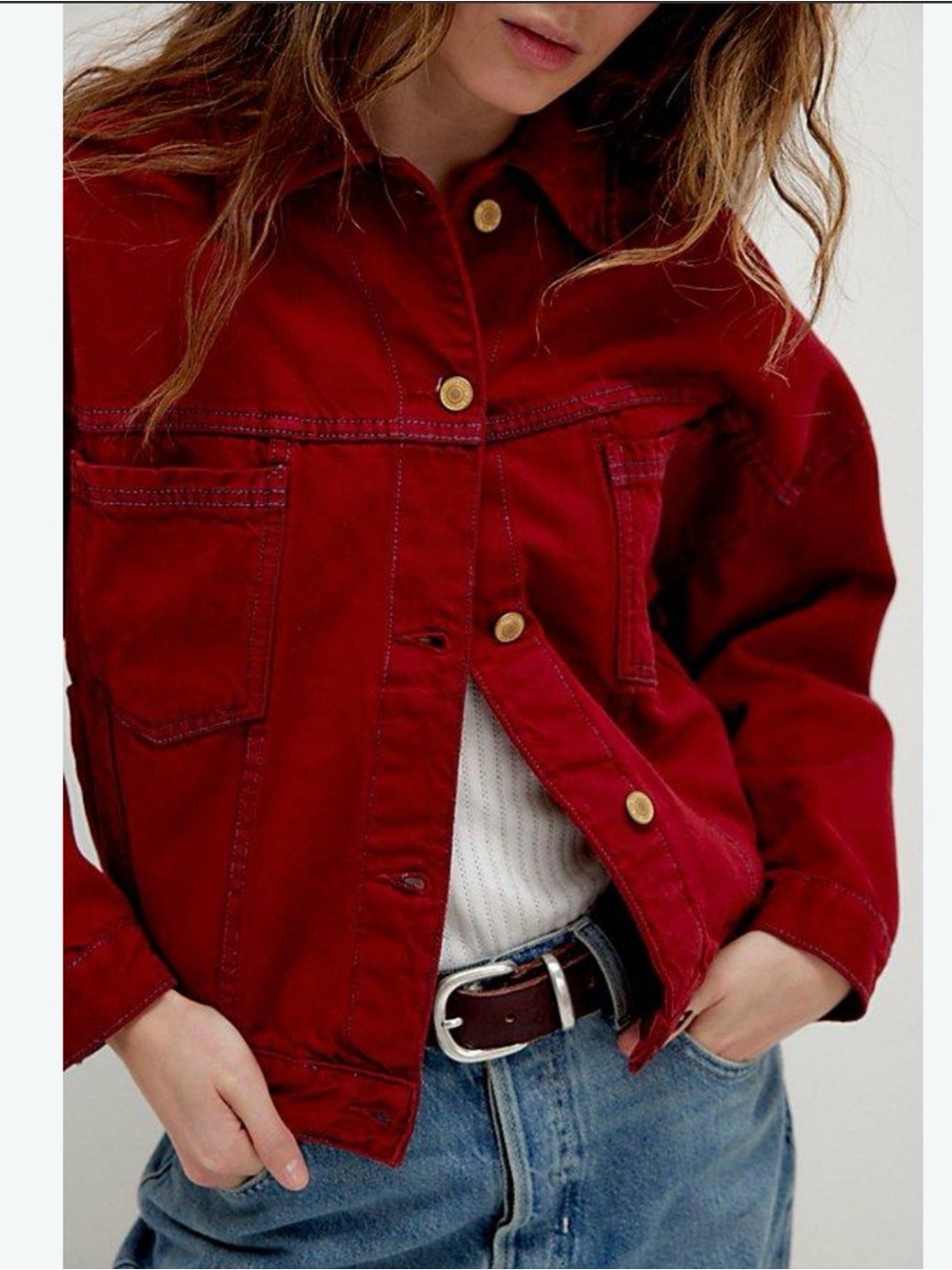 Free People Opal Denim Swing Jacket Deep Red Button Denim Jacket